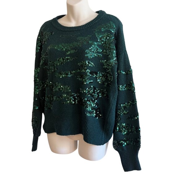 Nine West Forest Green Sequin Sweater | Holiday Glam | Size M - Picture 4 of 10